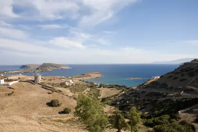 View of Schinousa from the sea, in the centre the harbour of the island