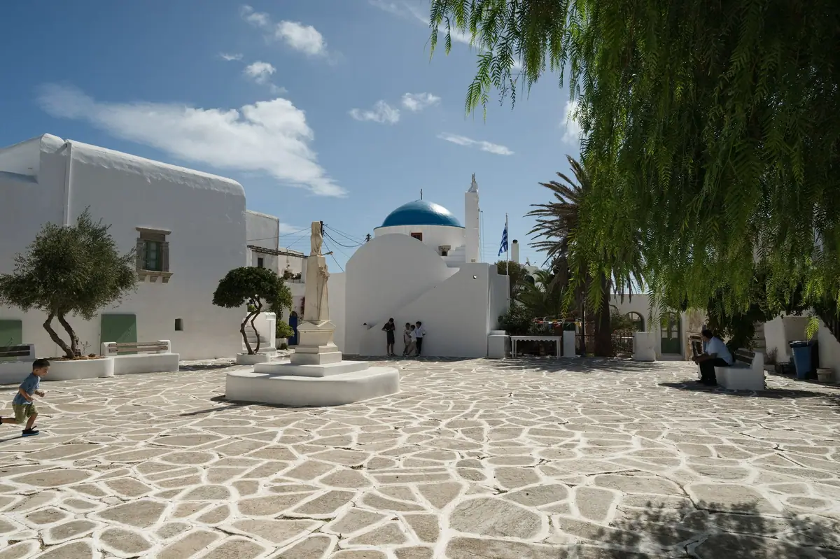 Kastro in Chora of Sikinos, square and church. Cyclades, Greece